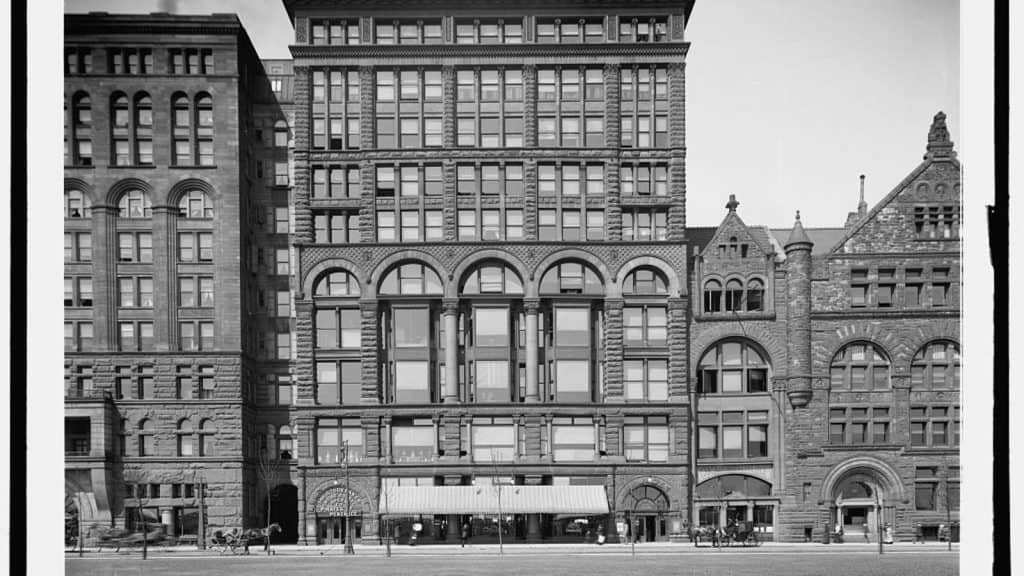 Image Description: Historic photograph of the Fine Arts Building, viewed from Michigan Avenue.