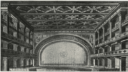 Image Description: Historic photograph of the Studebaker Theater's arched proscenium and ceiling.