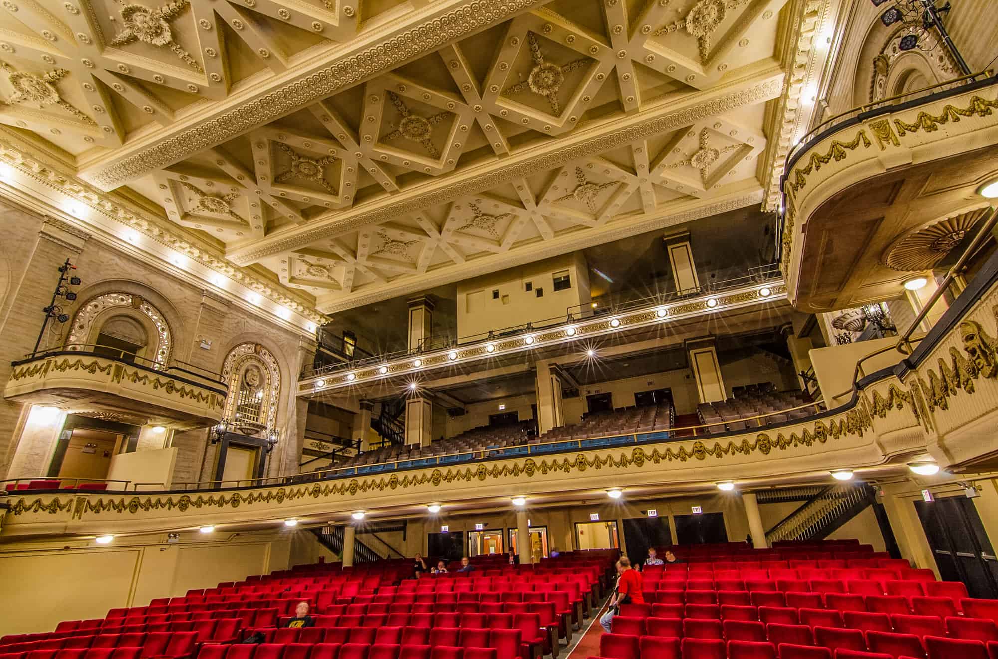 Image Description: The auditorium of the Studebaker Theater, looking up toward the historic ceiling.