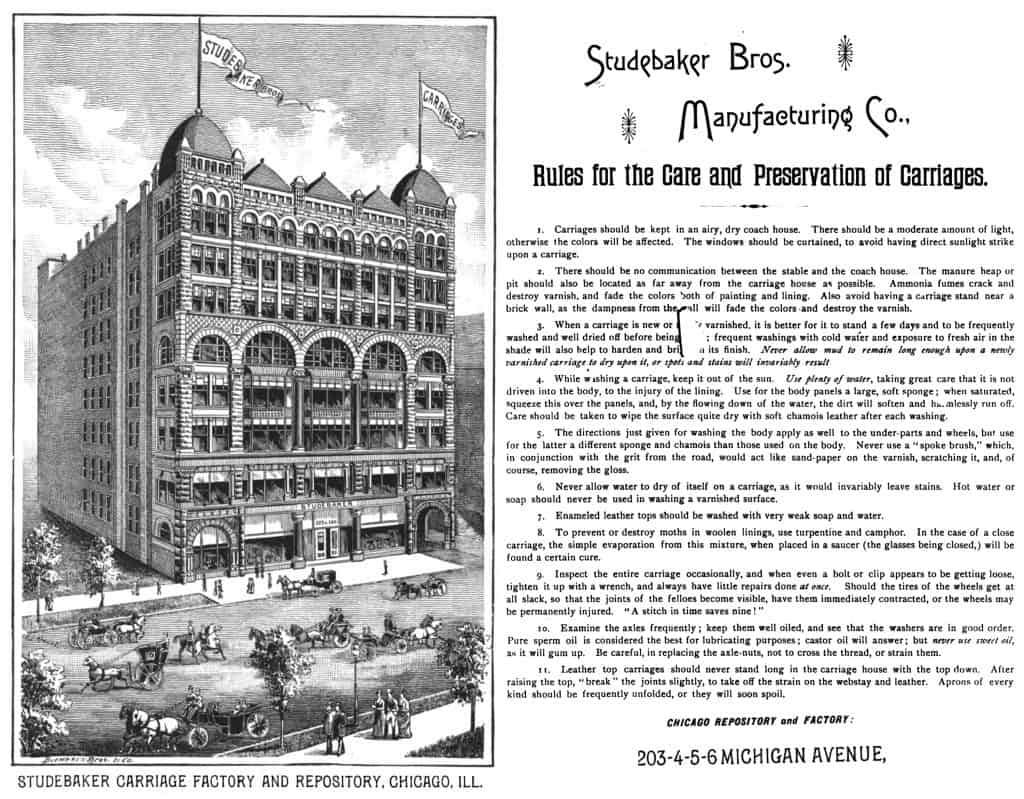 Image Description: An advertisement from the Studebaker Company, with an image of the Fine Arts Building as it originally appeared in 1885.